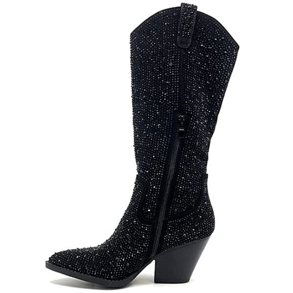 New Black Blingy Rhinestone Knee High Cowboy Boots - Picture 6 of 8